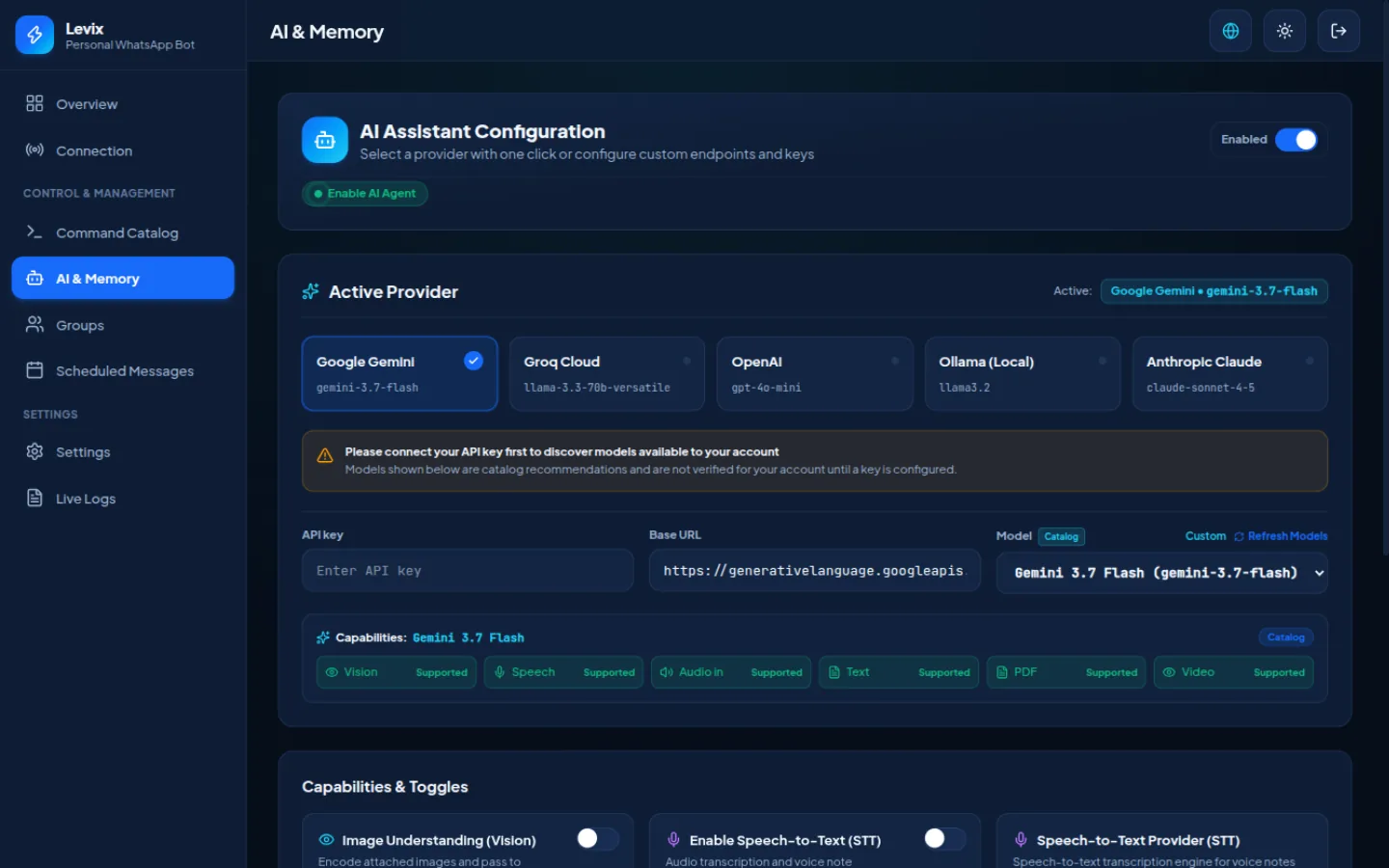 Levix's AI & Memory screen: provider cards for Google Gemini, Groq Cloud, OpenAI, Ollama (Local) and Anthropic Claude, with API key, base URL and model fields