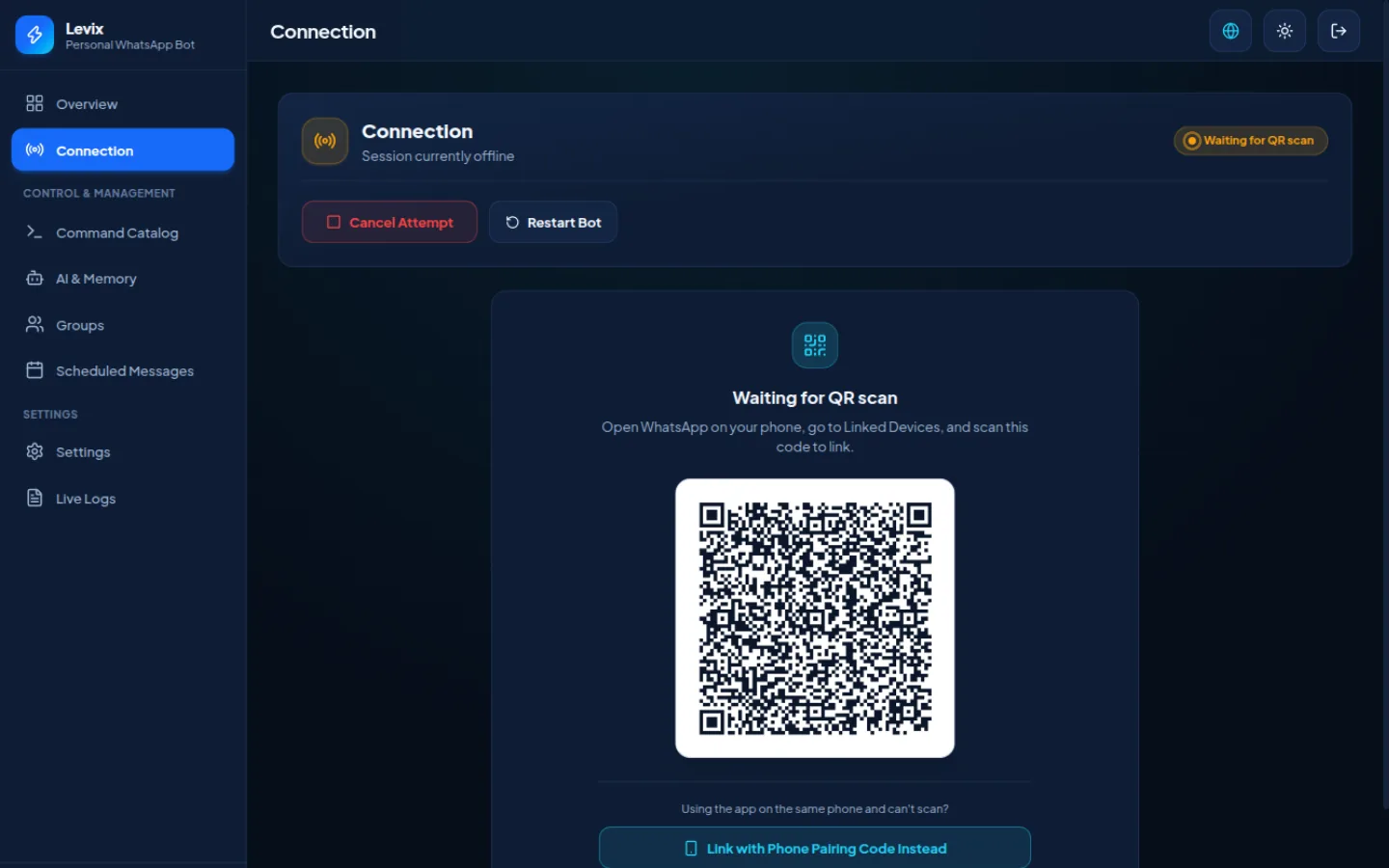 The Connection screen, waiting for a QR scan, showing a live WhatsApp pairing QR code and a link-with-phone-pairing-code fallback