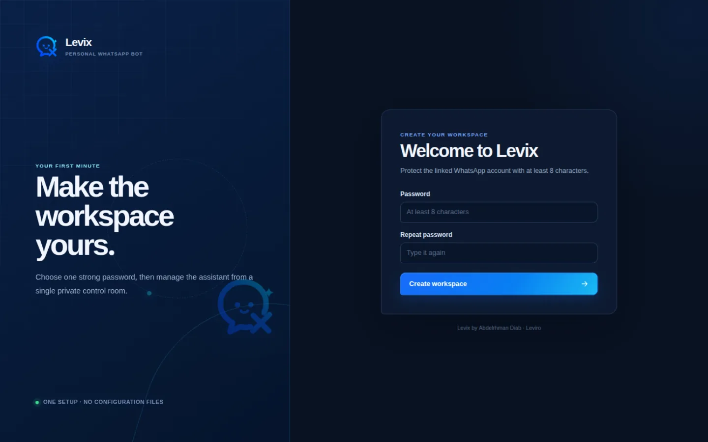 Levix's first-run screen: “Welcome to Levix”, with a password and repeat-password field and a Create workspace button